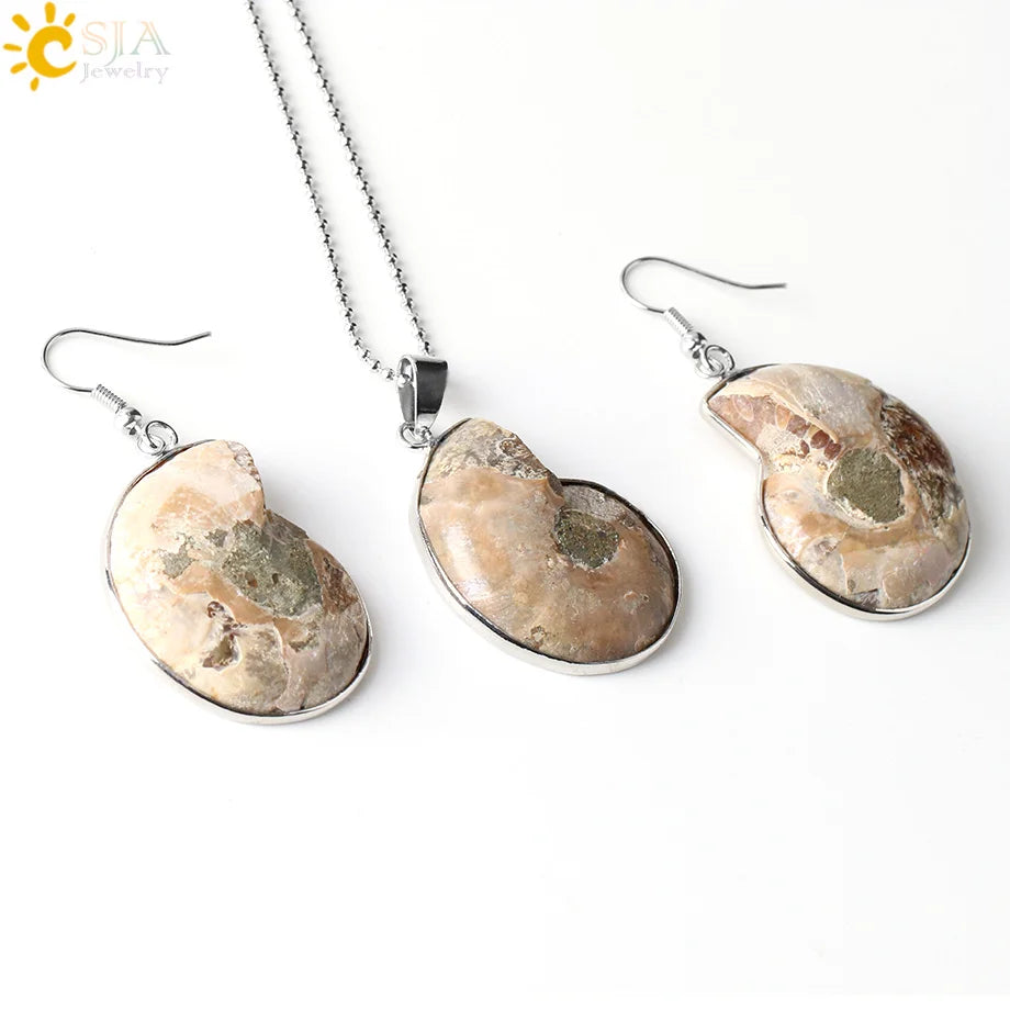 Natural and Unique Ammonia Jewelry Set Pendants Necklaces Shells Snail Spiral Earrings E392