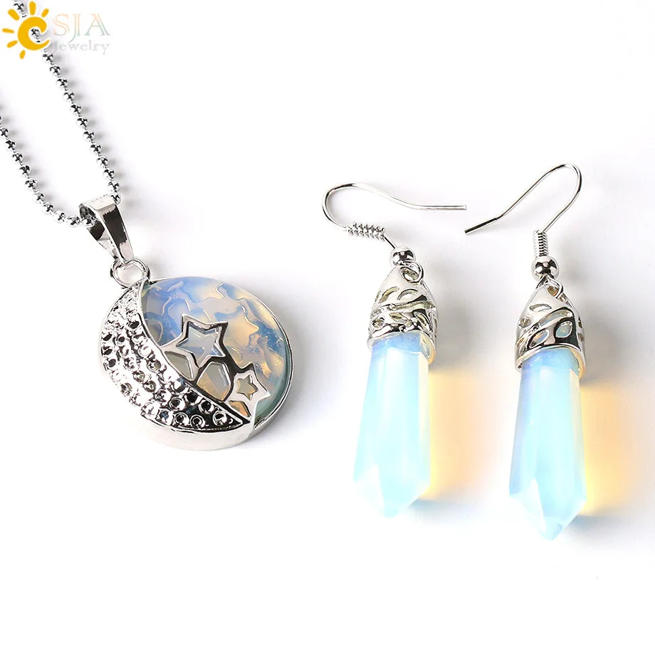 Ensemble de bijoux de plage en cristal, classique, amour d'été, lune, étoiles, pendentifs en pierre violette naturelle, collier, goutte, boucle d'oreille E385