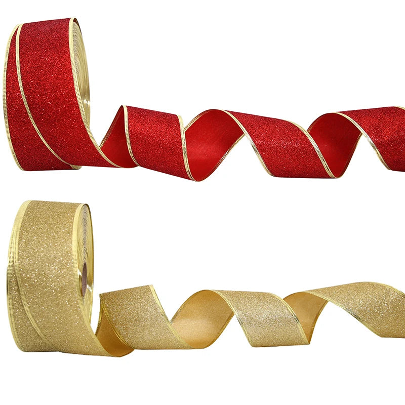 Rubans décoratifs à paillettes de 200cm x 6.3cm, rouge, argent, or, avec fil de fer, pour décoration de noël, nœuds artisanaux