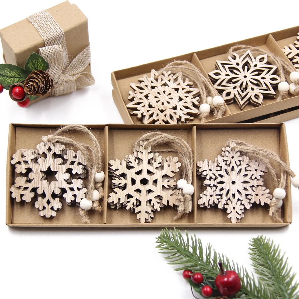 Flocon de neige creux en bois pour Noël, ornements de Noël vintage, décorations d'arbre de Noel, cadeaux, 12 pièces par boîte