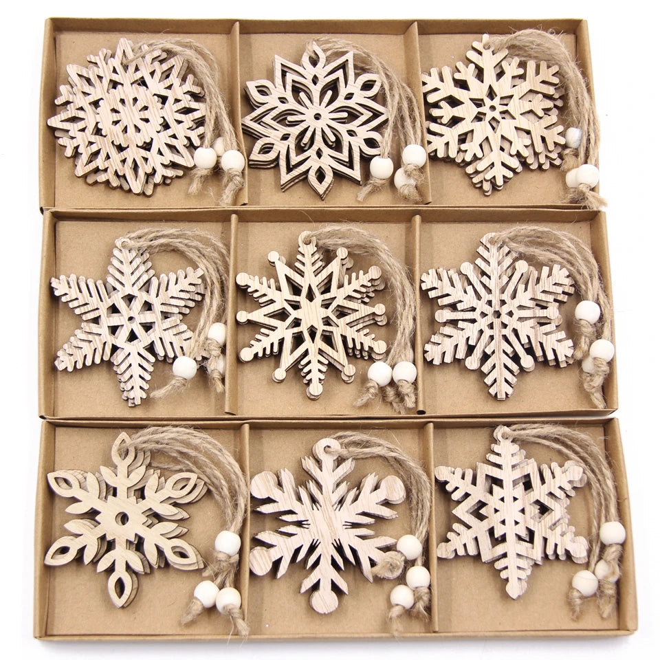 Flocon de neige creux en bois pour Noël, ornements de Noël vintage, décorations d'arbre de Noel, cadeaux, 12 pièces par boîte