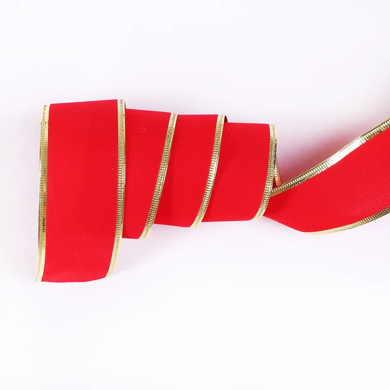 Ruban de décorations d'arbre de noël rouge 10M, rubans avec fil de fer rubans à bords dorés p