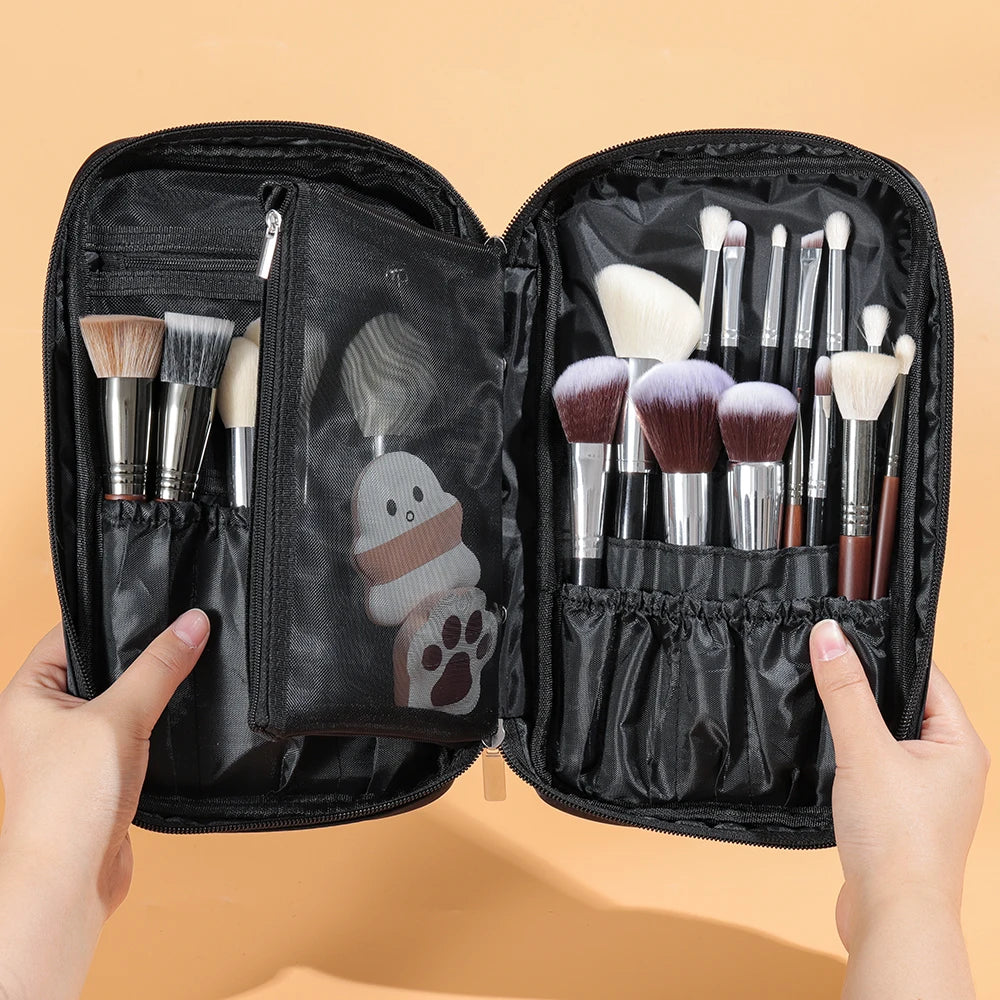 Trousse de maquillage de voyage, Sac à pinceaux de maquillage en toile noire haute capacité OVW