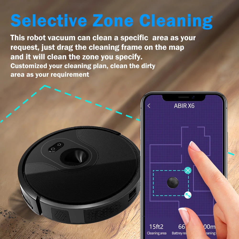 ABIR X6 Robot Vacuum Cleaner with Smart Eye System, 6000pa Suction, Software Virtual Wall, Area Cleaning, Wet Mopping Disinfection, Map Memory, Compatible with Alexa, Google Home