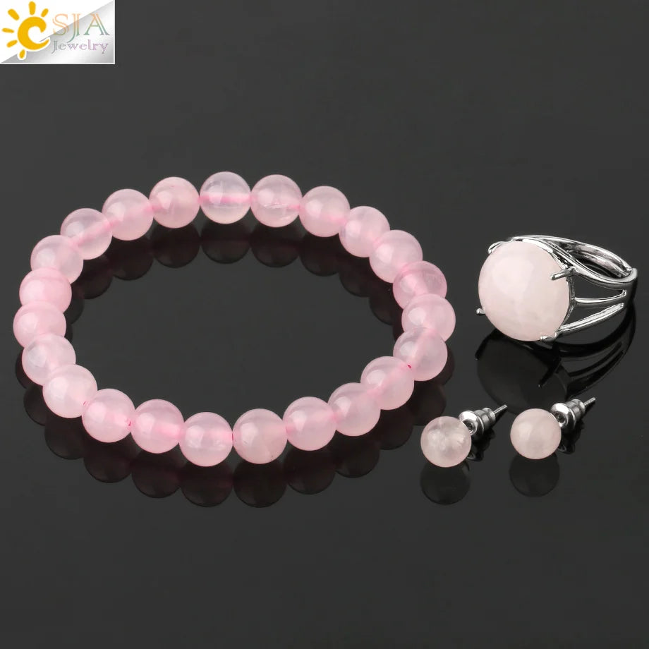 Women Jewelry Sets, Earrings, Bracelets, Ring, Purple Clip, Rose Quartz, Green Aventurine, Healing, G369