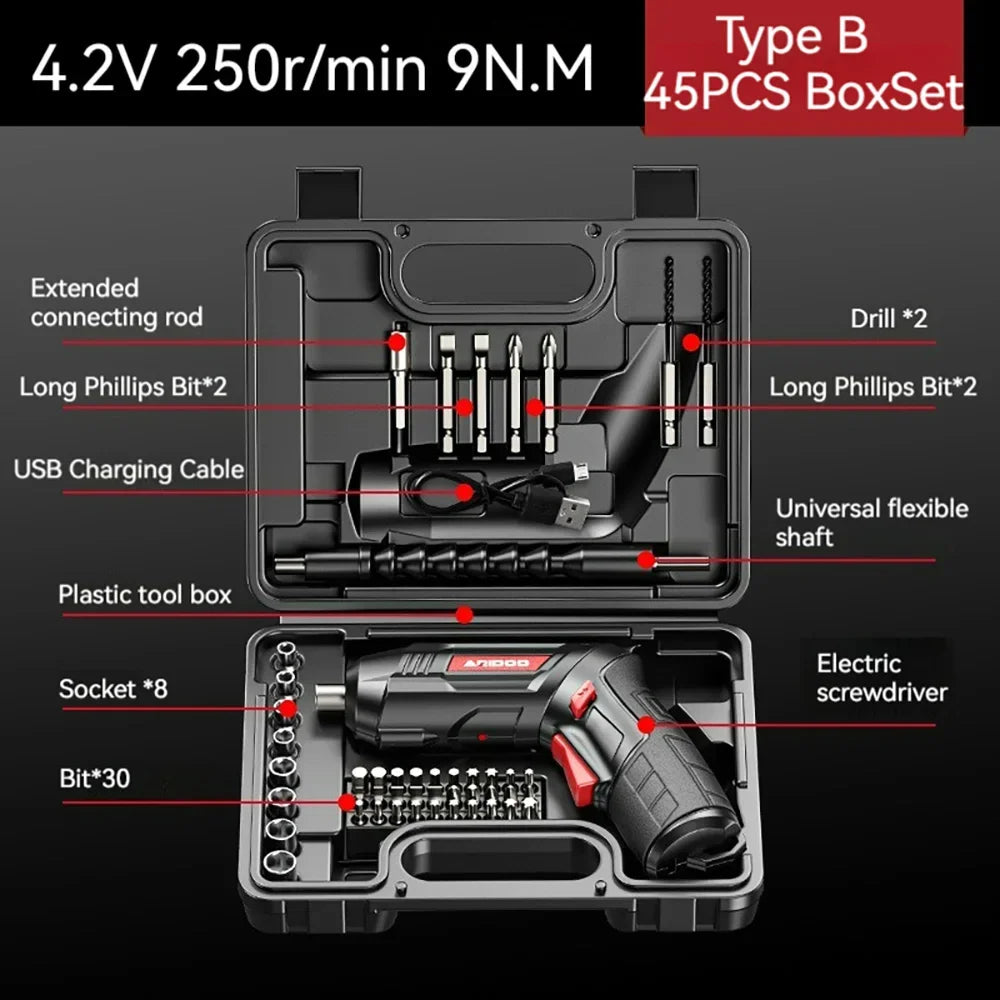Tournevis électrique portable – Petit et puissant, rechargeable 4,2V 6Nm, 250 tr/min, kit complet