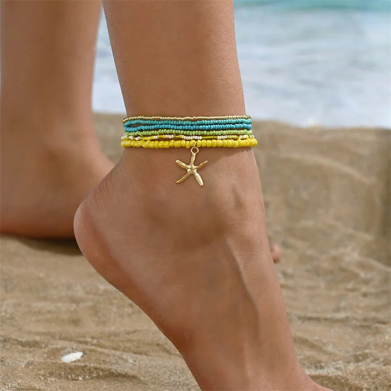 Colorful Beaded Anklet for Women Starfish Pendant Rice Beads Summer Fashion Multilayer Bracelet Bohemian Leg Jewelry