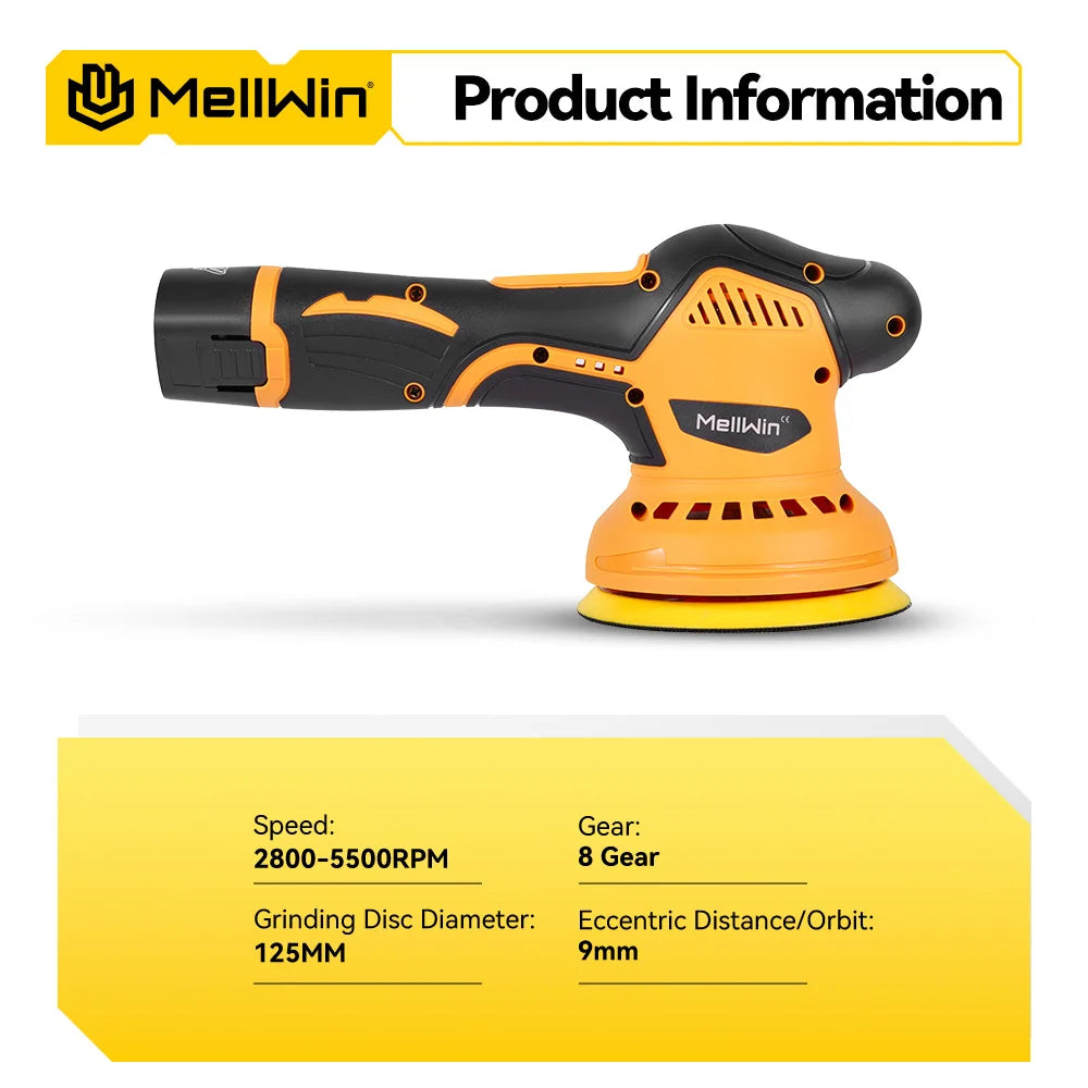 Polisseuse de voiture électrique sans fil MELLWIN 125 mm – 8 vitesses avec affichage numérique pour batterie 12 V