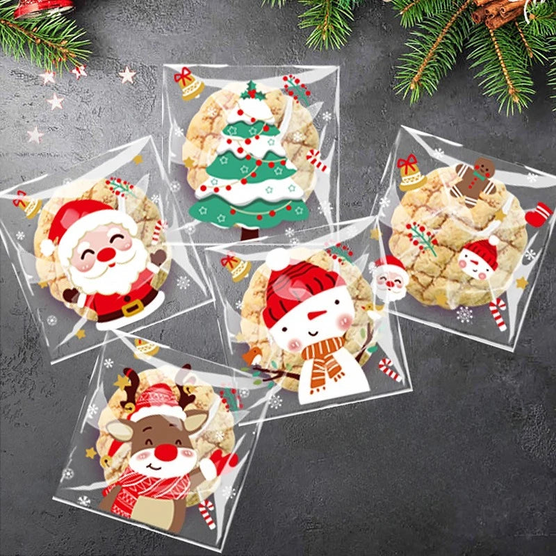 Sacs de Noël 10x10 cm – Lot de 100 sacs auto-adhésifs pour bonbons, biscuits et cadeaux, décorations festives pour la maison et enfants