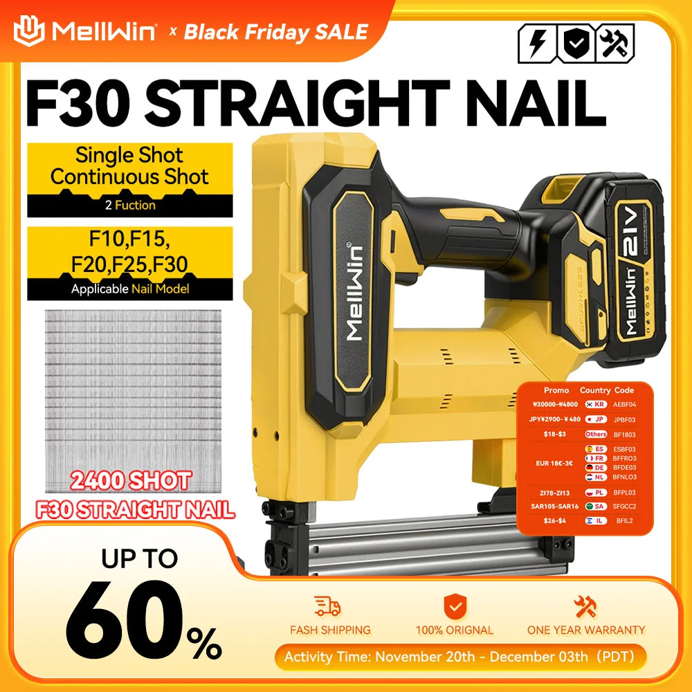 MELLWIN pistolet à ongles électrique sans fil 2 Mode agrafeuse sans fil travail du bois encadrement agrafeuse pistolet outils F30 pour Makita 18V batterie broche