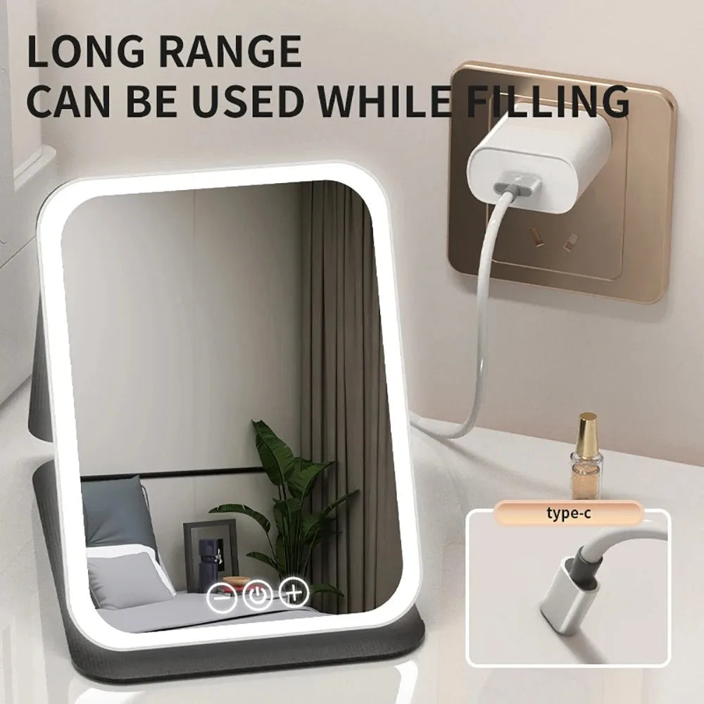 Miroir de Maquillage LED Pliable – 3 Couleurs, Tactile, Rechargeable, Voyage & Maison