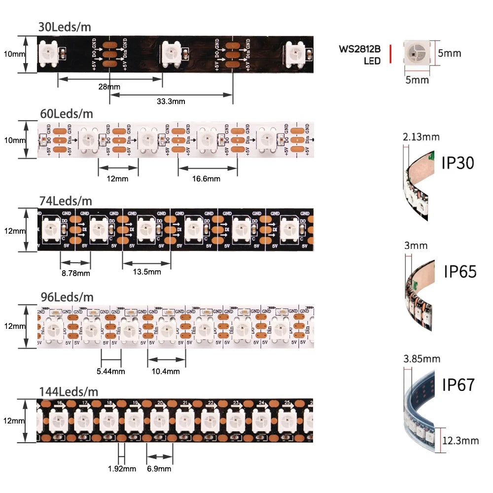 Individually Addressable RGB Led Strip Light, Smart Light, Waterproof PCB IP30/5050, DC5V WS2812B, WS2812 Pixels, 65/67