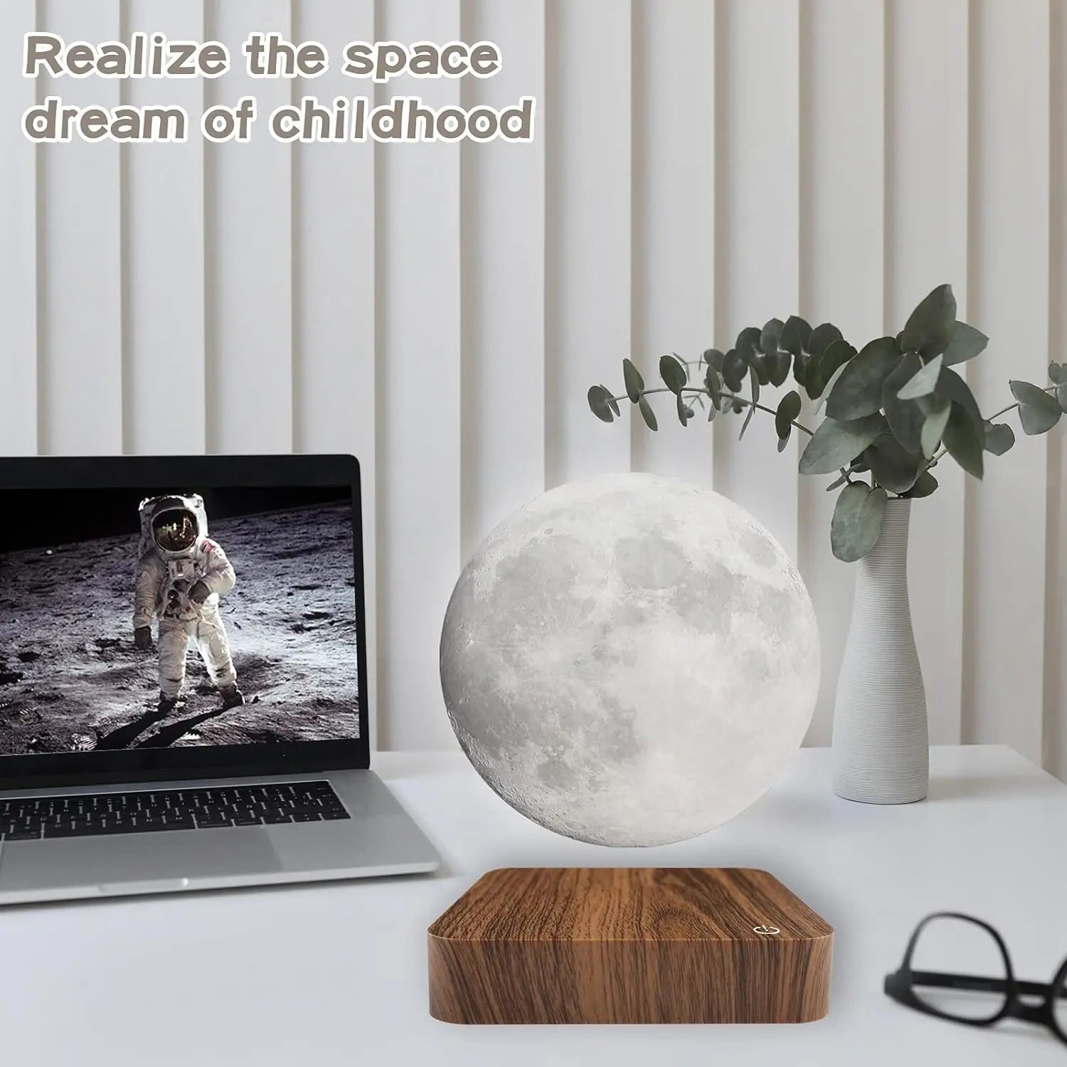 Magnetic Levitating Moon Floating Night Light 3 Color Temperature Creative 3D LED Table Lamp with Wooden Base