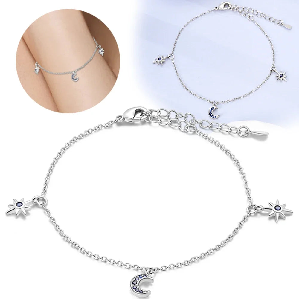 Women's Silver Bracelet Stars Moon Sun DIY Charms Beads Fine Jewelry Gift Original 17-20cm