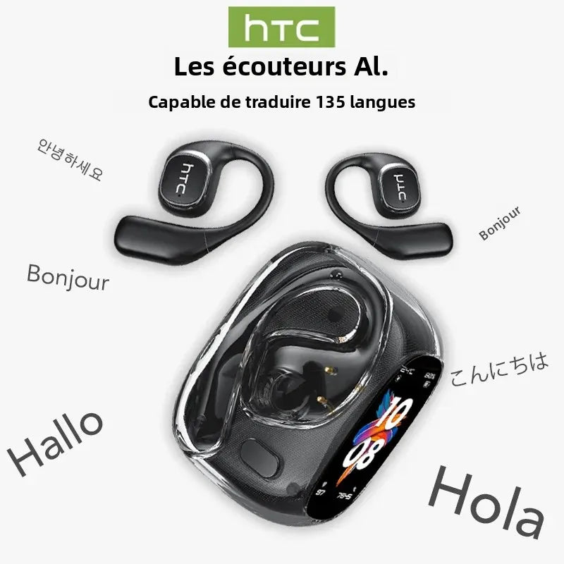 Écouteurs Bluetooth V6.0 HTC NE11, traducteur IA, réduction du bruit, écouteurs sans fil OWS Sports, écran tactile LCD
