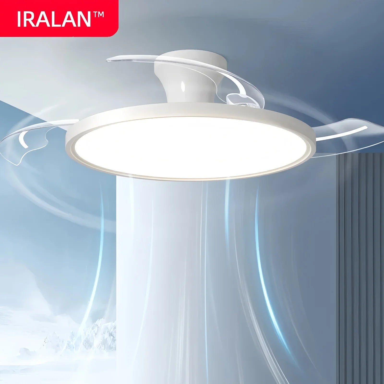 Ventilateur de plafond moderne à pales rétractables avec lumière, idéal pour salon, chambre ou appartement