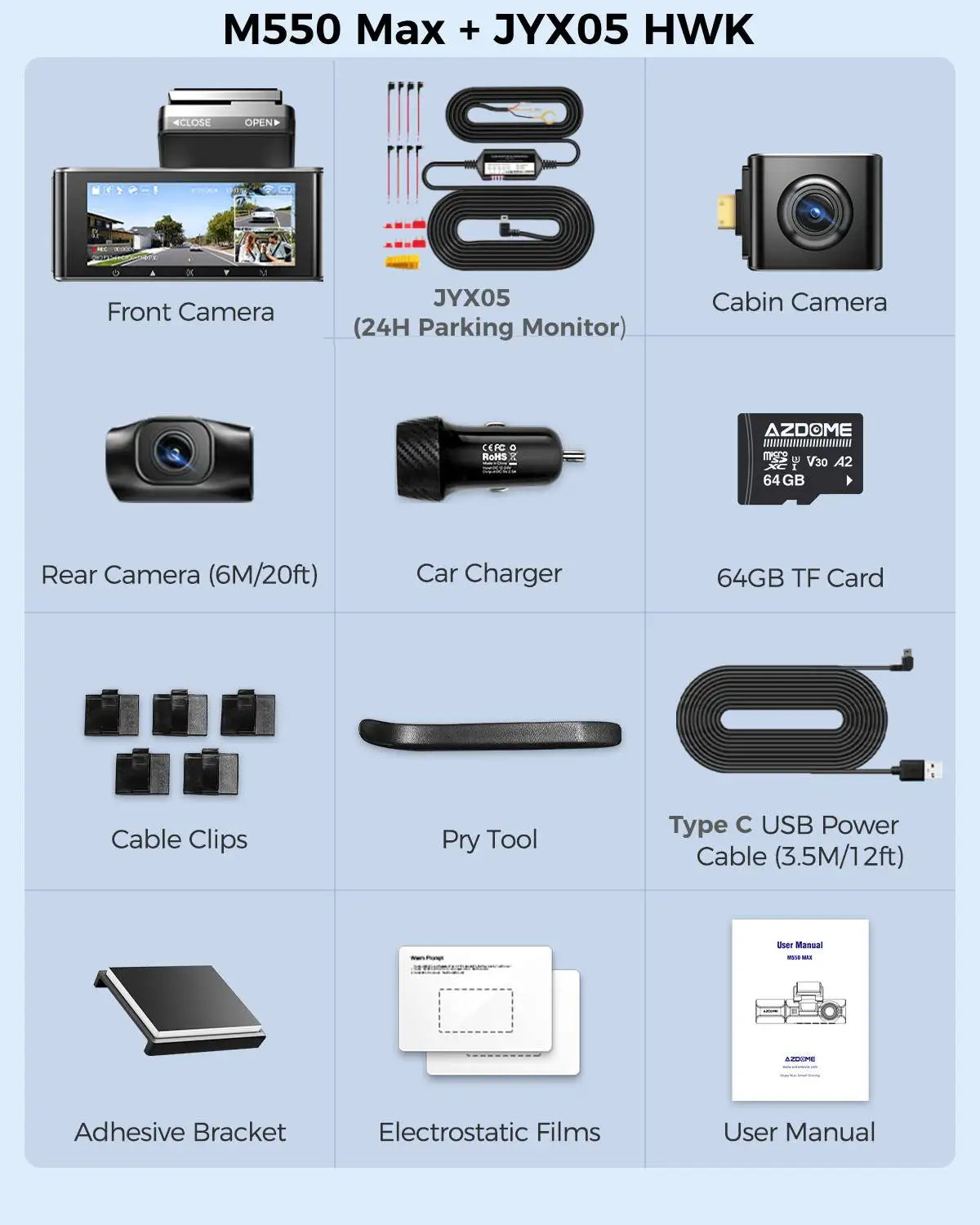 Caméra de tableau de bord AZDOME M550 Max Ultra HD 4K + 1K + 2,5K Écran 3,18 pouces GPS intégré