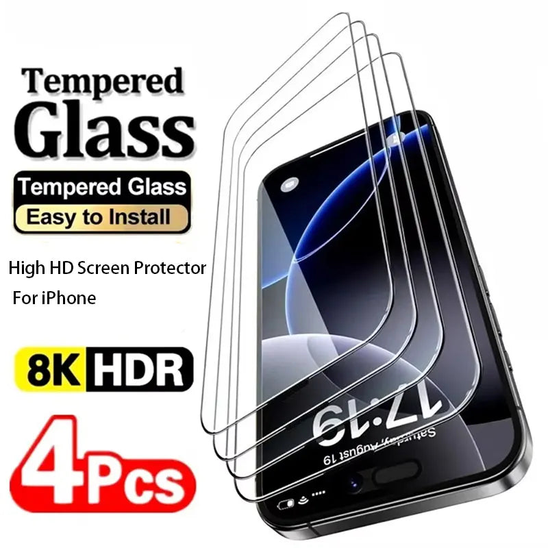 Film de protection d'écran haute transparence, 4 pièces, pour iPhone 17 16 15 Pro Max 17 Air 16e 15 Plus 14 13 12 11 Pro, dureté 9H, verre trempé