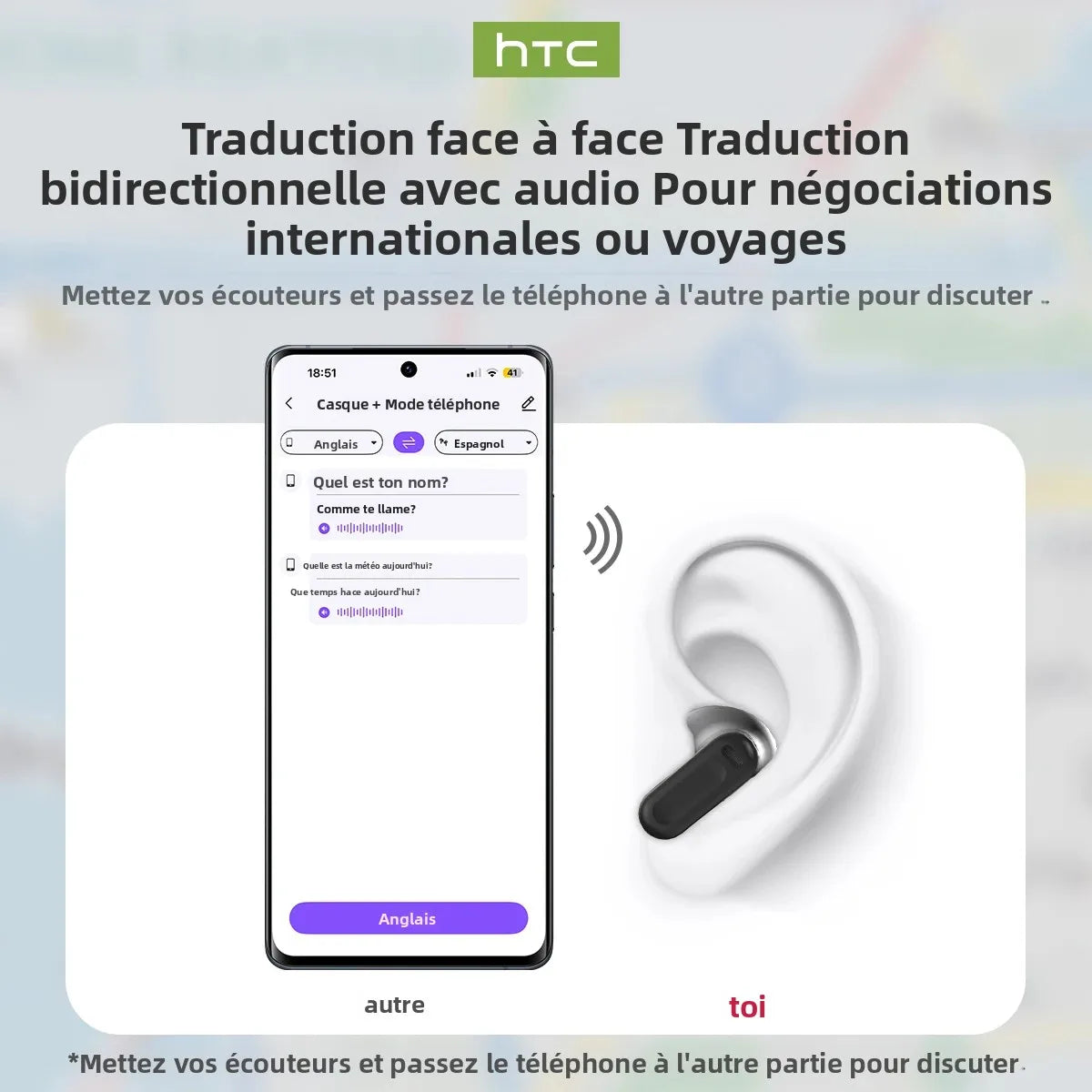 Écouteurs Bluetooth V6.0 HTC NE20, traducteur AI, écran tactile LCD OWS, casque de sport sans fil, son stéréo HD, longue durée de vie