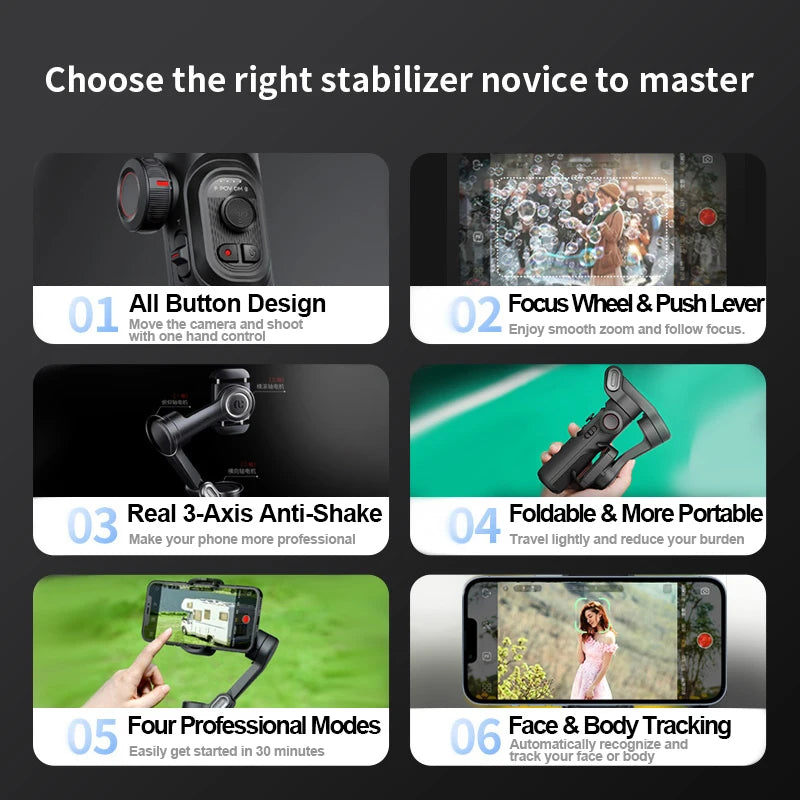 3-Axis Gimbal Stabilizer with Fill Light for Smartphone, iPhone, Android