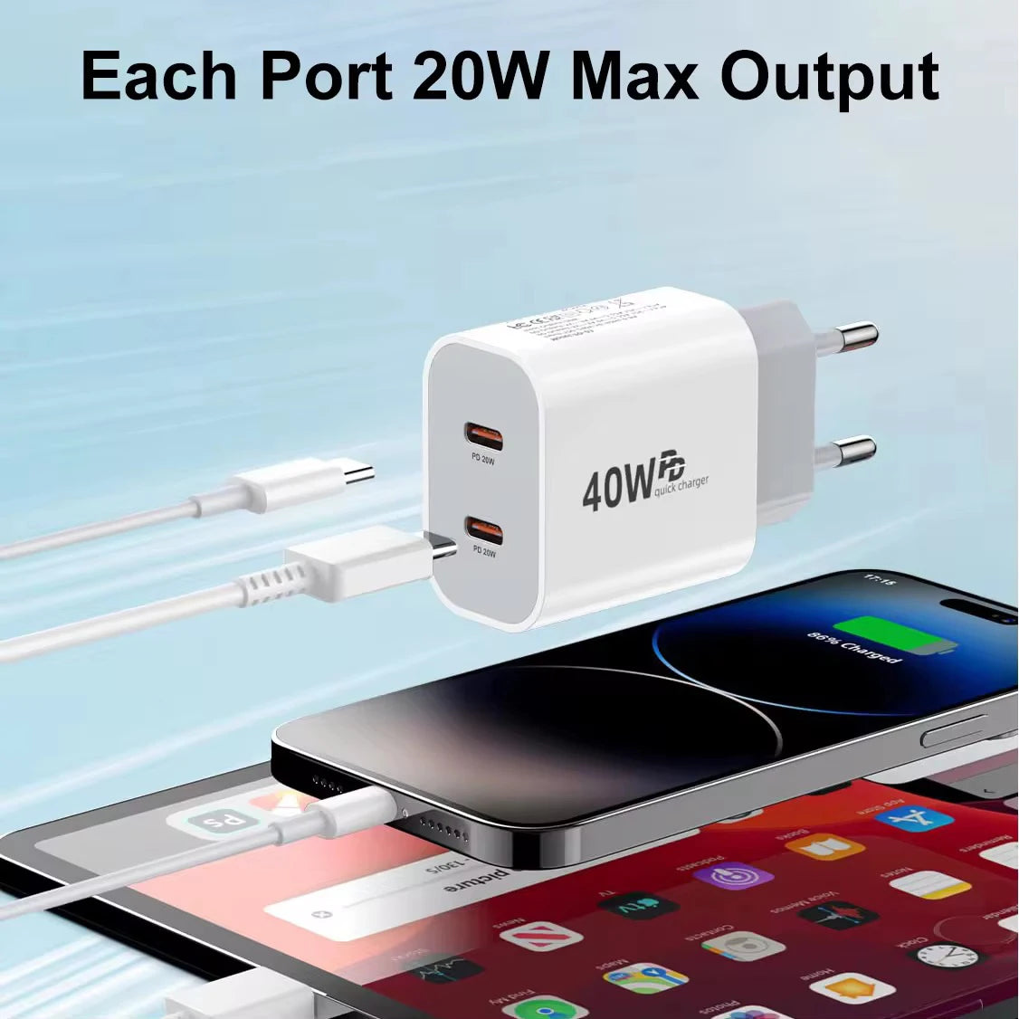 Chargeur PD 40W pour iPhone 16 / 15 / 14 / 13 / 12 / 11 Pro Max / Mini / 7 / 8 Plus / XR, avec câble Type-C charge rapide