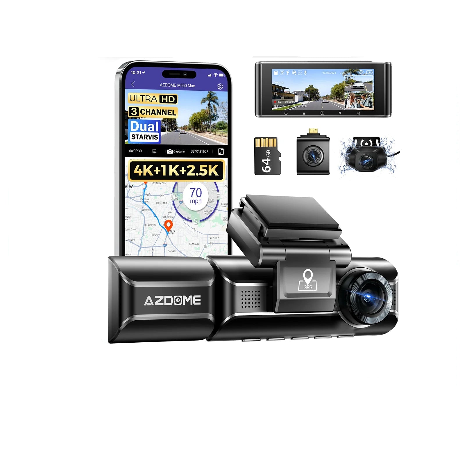 Caméra de tableau de bord AZDOME M550 Max Ultra HD 4K + 1K + 2,5K Écran 3,18 pouces GPS intégré