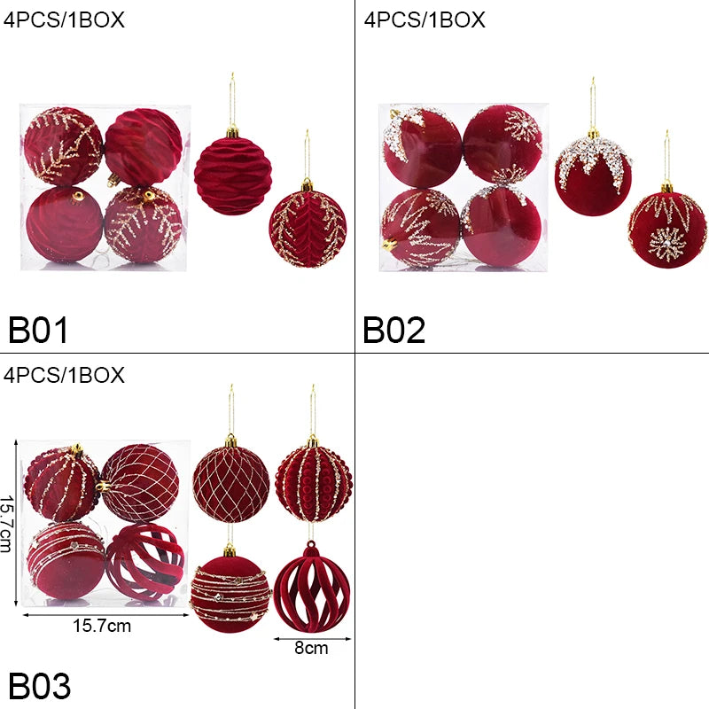 Weihnachtskugeln, rote Beflockung, Christbaumschmuck, Heimdekorationskugeln, 4 Stück 