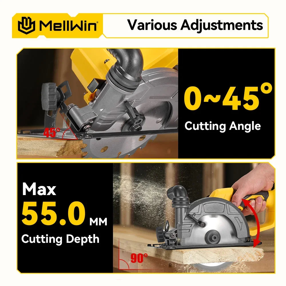 MELLWIN – scie circulaire électrique sans balais, 150MM, 6 pouces, angle réglable, outil de coupe pour le travail du bois, pour broche de batterie Makita 18V