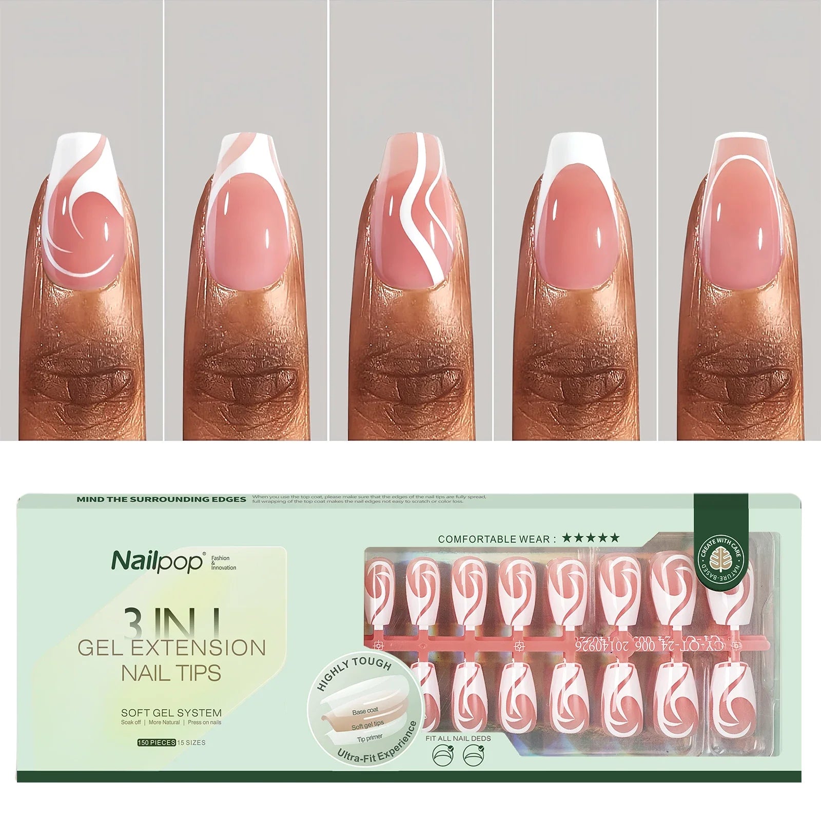Pointes d’Ongles en Gel Français Pré-Colorées - Nailpop 150 pièces