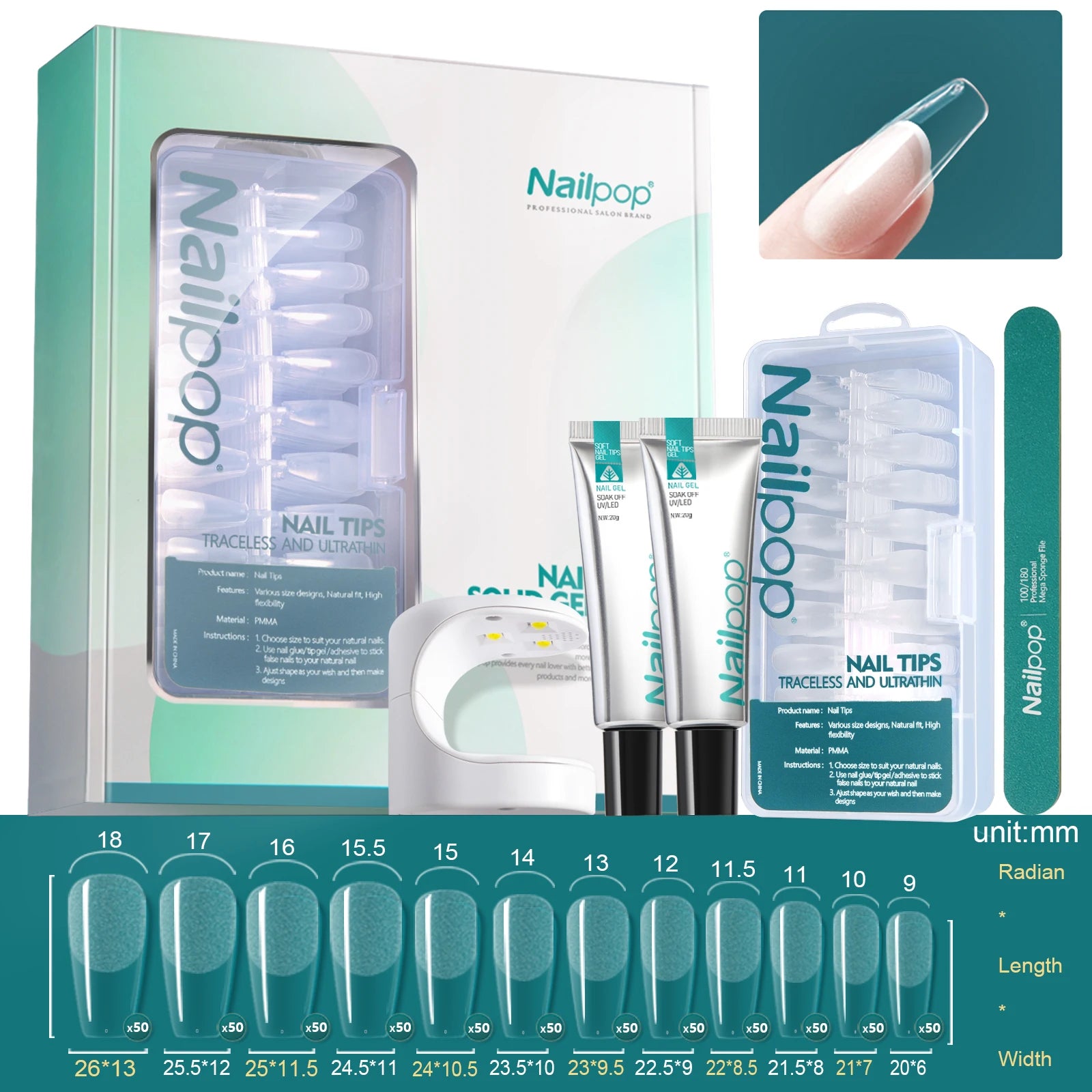 Gel UV Souple, Pointes, Lampe et Outils - Nailpop Kit d’Extension d’Ongles 600 pièces&nbsp;