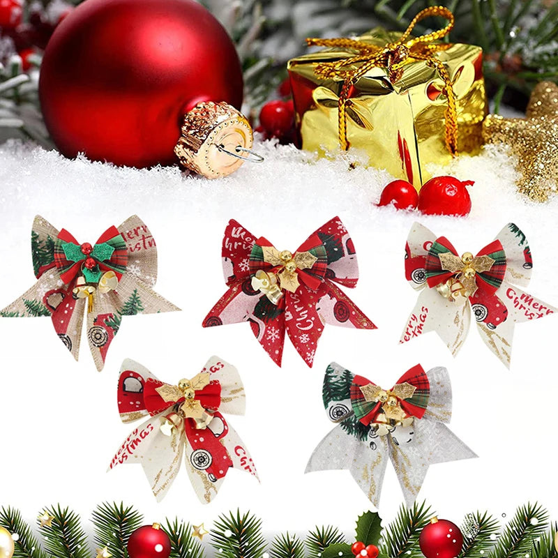 Mini nœud décoratif pour sapin de noël, 5 pièces/paquet, ruban décoratif pour nouvel an, fête de noël, maison, pendentifs en forme de cloche