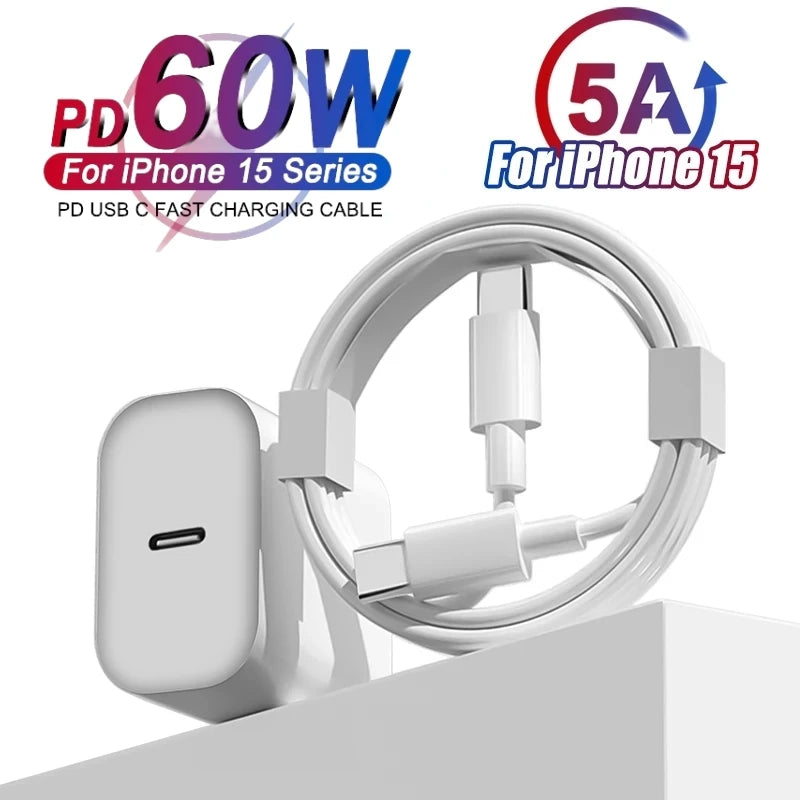 65W USB C PD Fast EU US Wall Charger pour iPhone 15 Pro Max 15 Plus USB-C à Type-C Quick Charging Cable 1m C à C rette