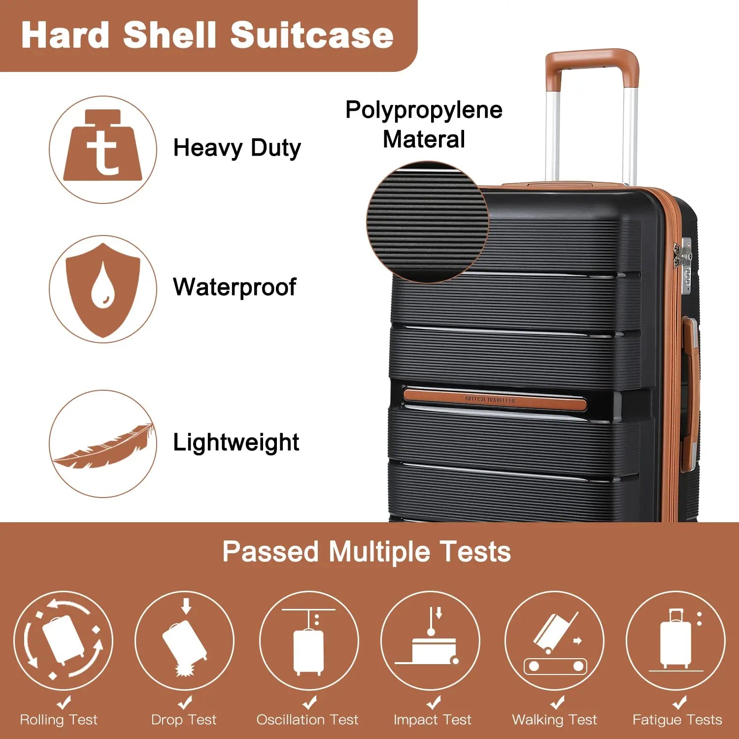 Valise rigide 100 % PP avec 8 roues tournantes et serrure TSA – 56/66/76 cm British Traveller