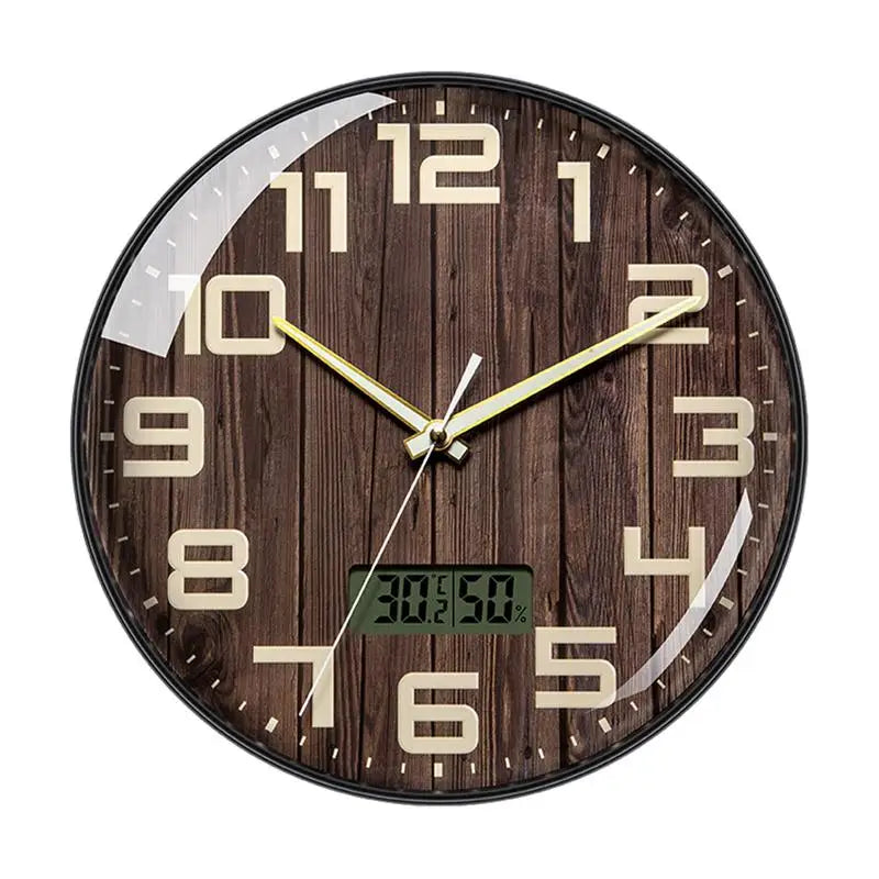 Silver Wall Clock Battery Operated with LCD Display, Non-Ticking, Kitchen, Temperature and Humidity, 12" 