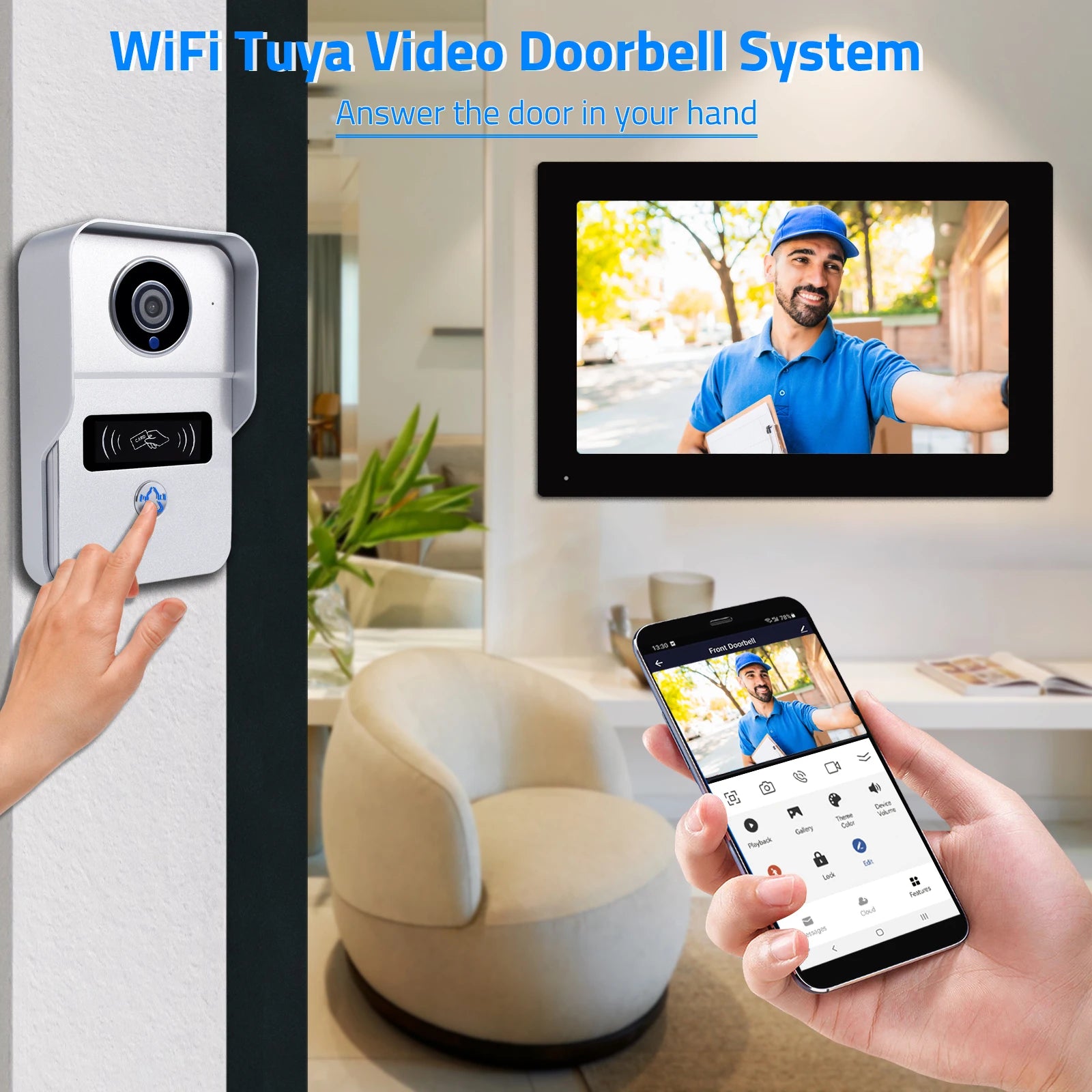 Wireless Video Intercom for Home, 7 Inch Touch Screen, Door Camera, Wi-Fi, 32GB SD Card, 1080P 