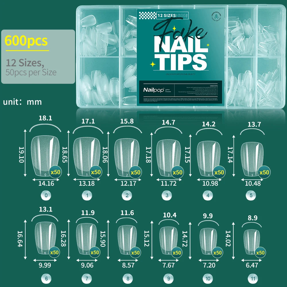 Faux ongles courts demi-couverture, extra court, carré, transparent, Gel, pré-forme avec poignées, 600 pièces