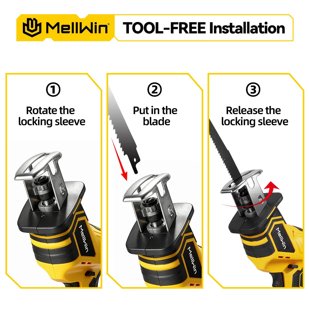 Scie Alternative Électrique Sans Fil MELLWIN – Vitesse Variable, Coupe Bois, Métal et PVC, Compatible Makita 18V