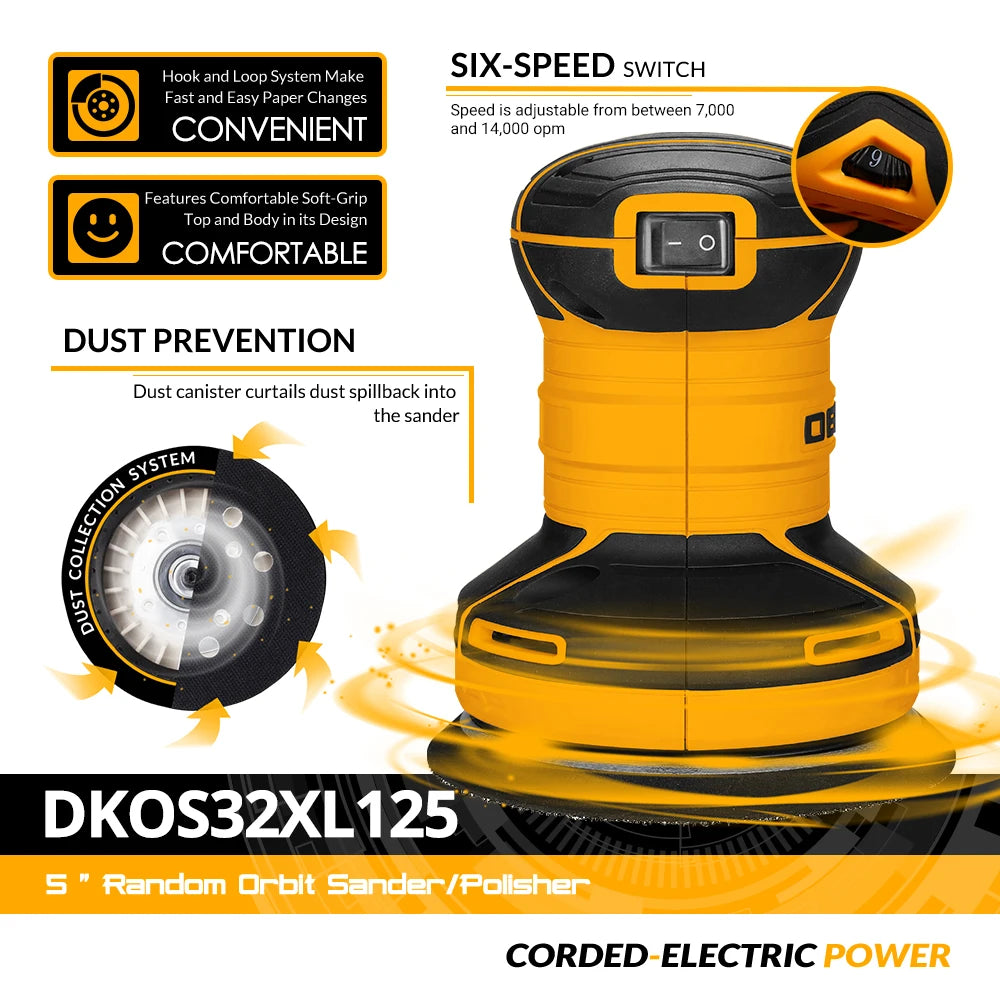 DKOS32XL125 Random Orbital Sander, 320W, 14000pm Speed, Home, DIY, Carpenter, Bath, Dust Removal, Polisher 