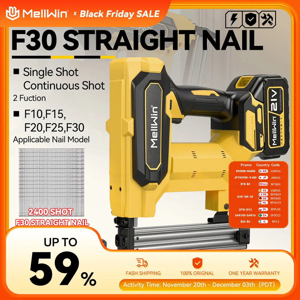 MELLWIN pistolet à ongles électrique sans fil 2 Mode agrafeuse sans fil travail du bois encadrement agrafeuse pistolet outils F30 pour Makita 18V batterie broche