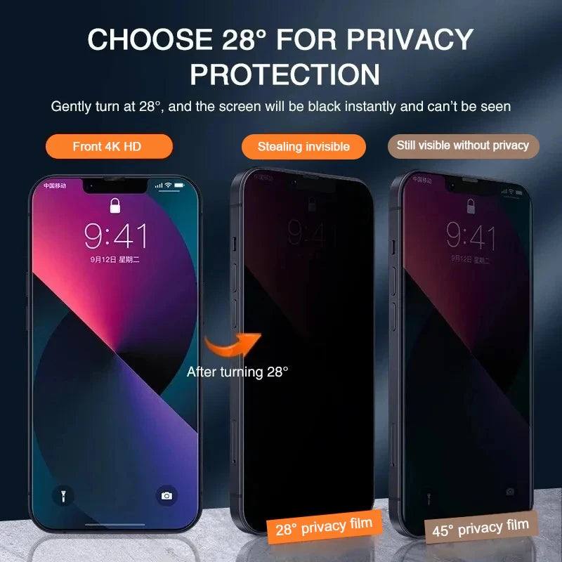 Protecteur d'Écran Anti-Espion en Verre – Couverture Complète de Confidentialité pour iPhone 16/15/13/11/14 Pro Max/X/XS Max – 1 à 4 Pièces