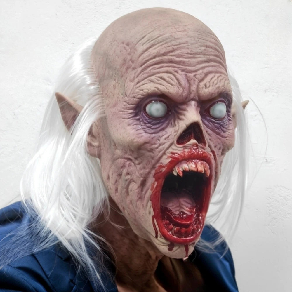 Ensemble de masques d'Halloween de Vampire effrayant avec cheveux blancs, bouche sanglante, aveugle, personnage chauve, accessoire de dents pour fêtes à thème d'horreur