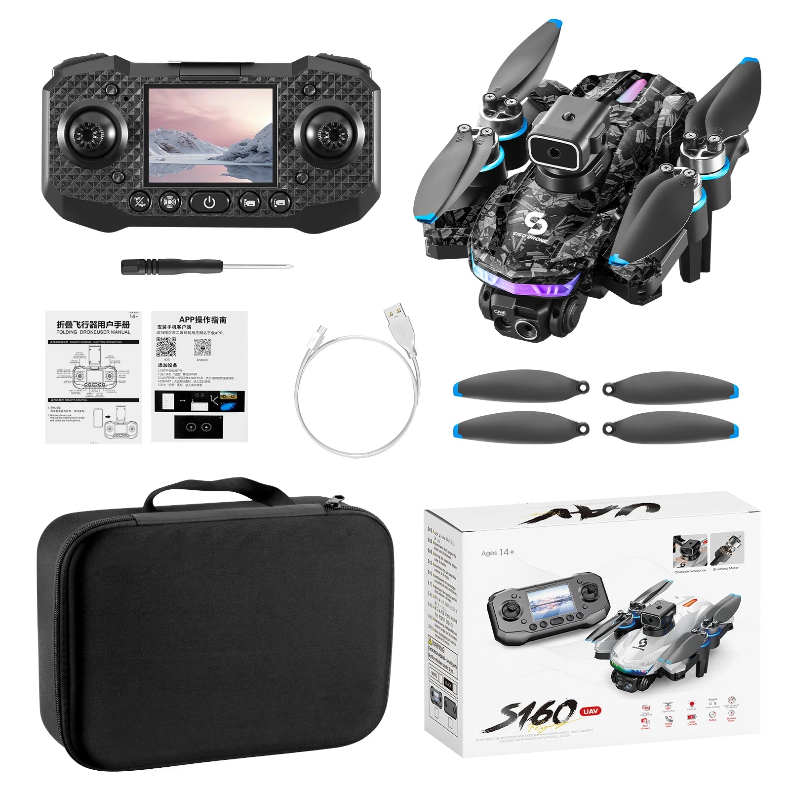 Drone S160 Pro 6K HD EIS – Drone FPV à double caméra avec écran RC, LED colorées, moteur sans balais