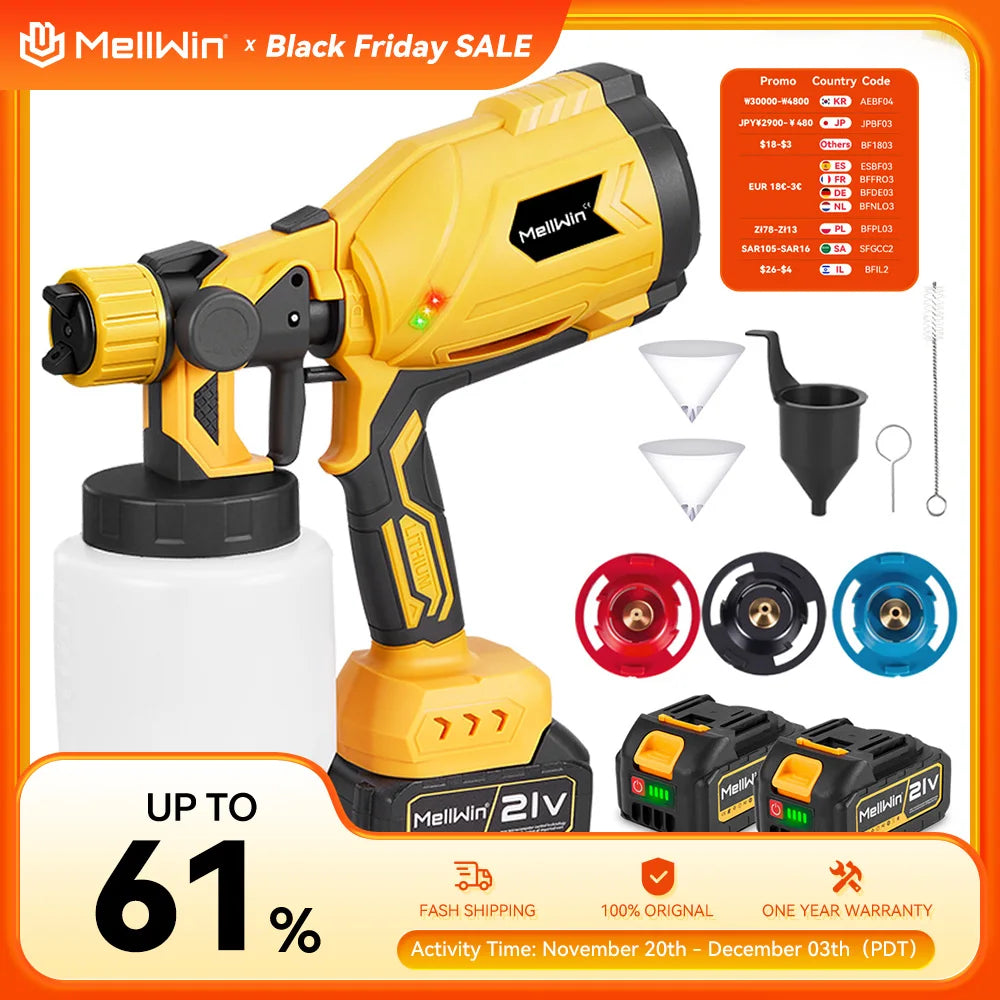 MELLWIN 1000ML pistolet de pulvérisation électrique sans fil Portable HVLP pulvérisateur de peinture pulvérisateur de meubles de voiture pour Makita 18V batterie broche