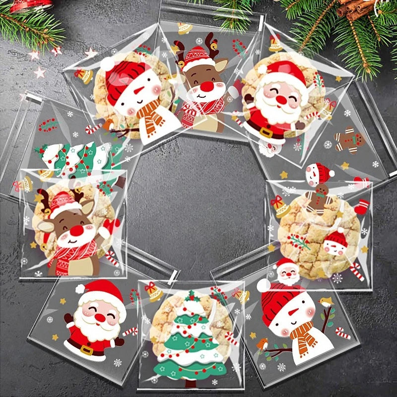 Sacs de Noël 10x10 cm – Lot de 100 sacs auto-adhésifs pour bonbons, biscuits et cadeaux, décorations festives pour la maison et enfants