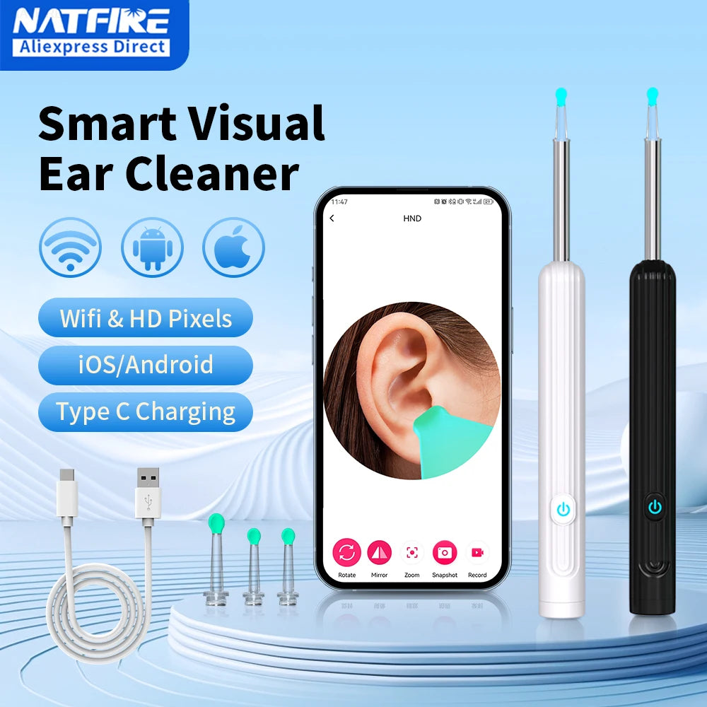 Nettoyeur d'oreille visuel intelligent avec caméra 1296P, bâtons d'oreille, chargement USB C, connexion WiFi, 6 lumières LED, cure-oreille