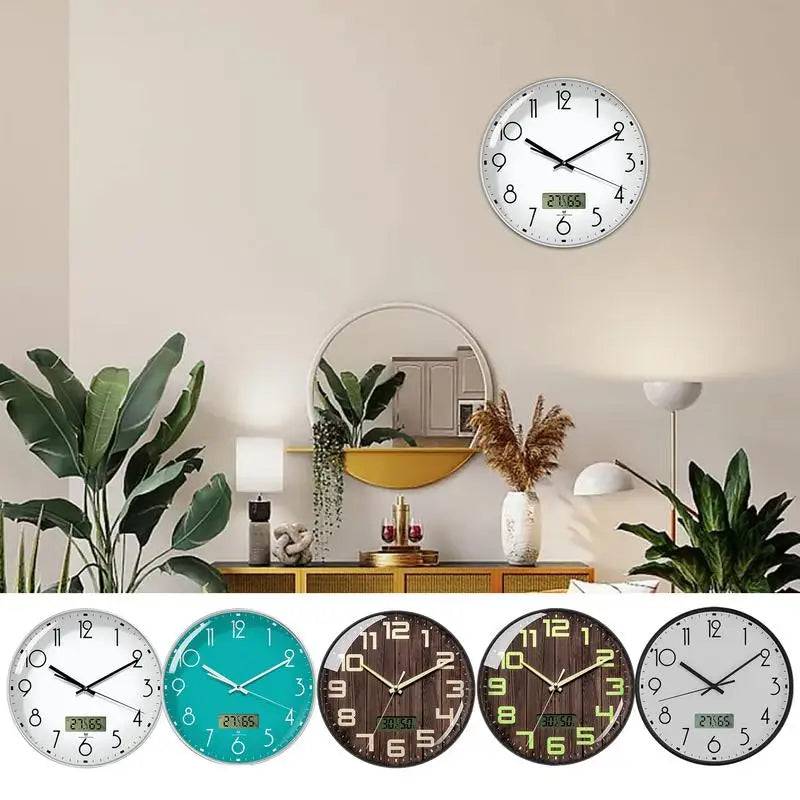 Silver Wall Clock Battery Operated with LCD Display, Non-Ticking, Kitchen, Temperature and Humidity, 12" 