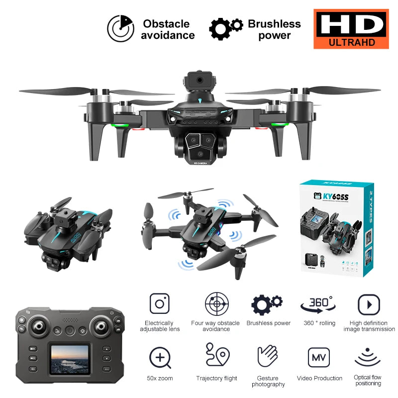 Drone Hospcreen Lonely Version Drone 605S – Faltbarer Quadrocopter mit 3 HD-4K-Kameras, bürstenlosem Motor, LCD-Bildschirm, Hindernisvermeidung, RC-Spielzeug