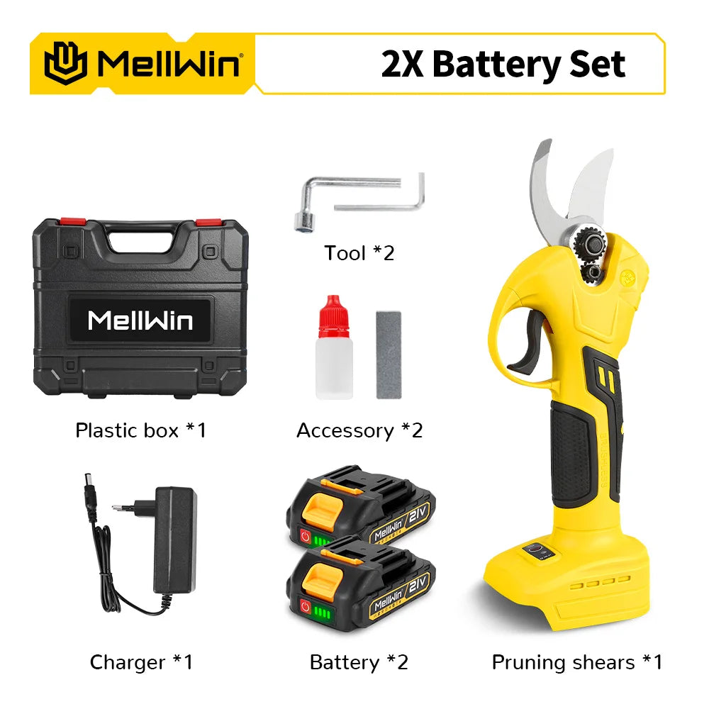 Ciseaux de taille électriques sans balais 30 mm MELLWIN – sécateur sans fil 2 vitesses pour arbres fruitiers et bonsaïs compatible 18 V