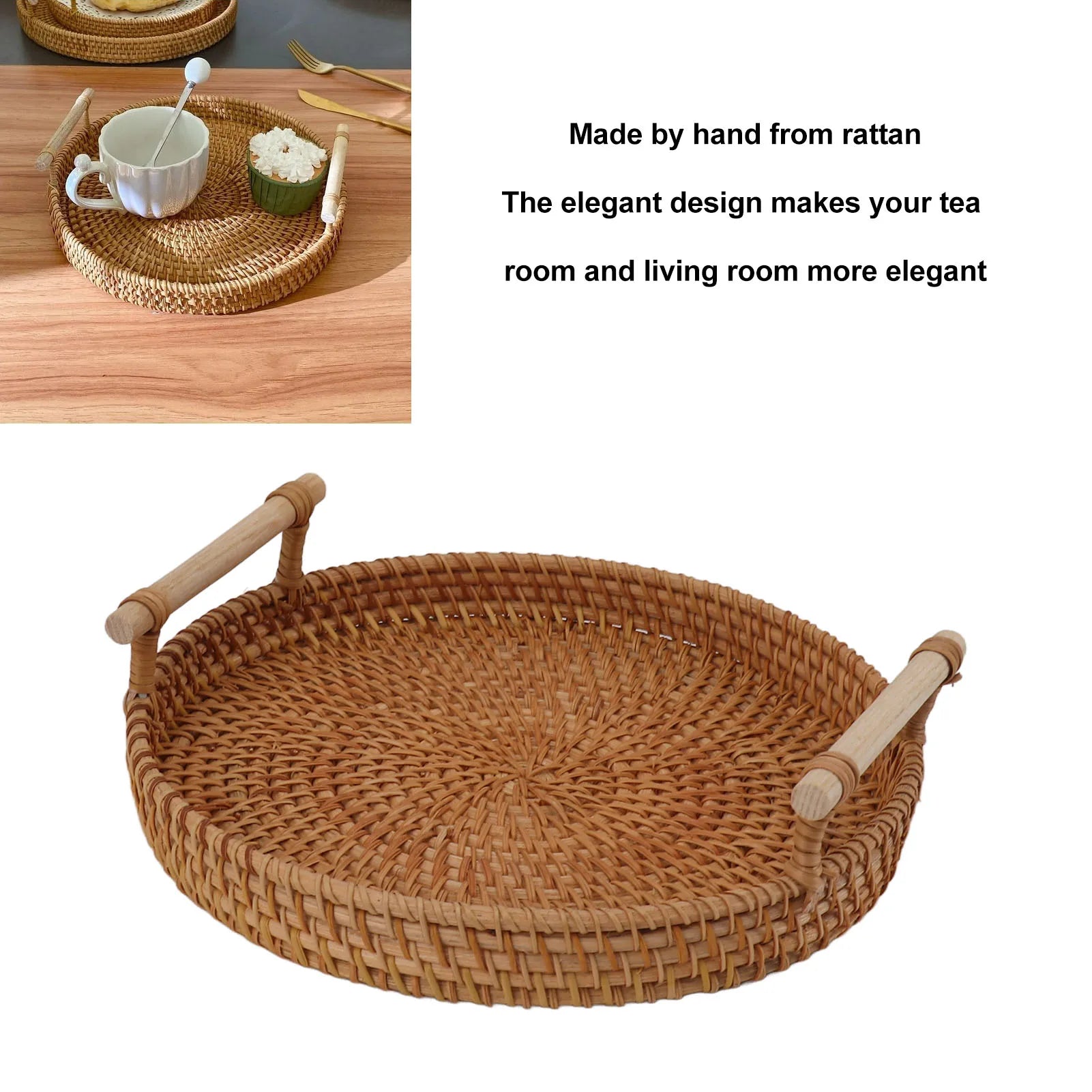 Rattan and Solid Wood Tea Plate, Round Food Service, Hand-Woven, Exquisite Decoration, Storage Display, JxFruit 