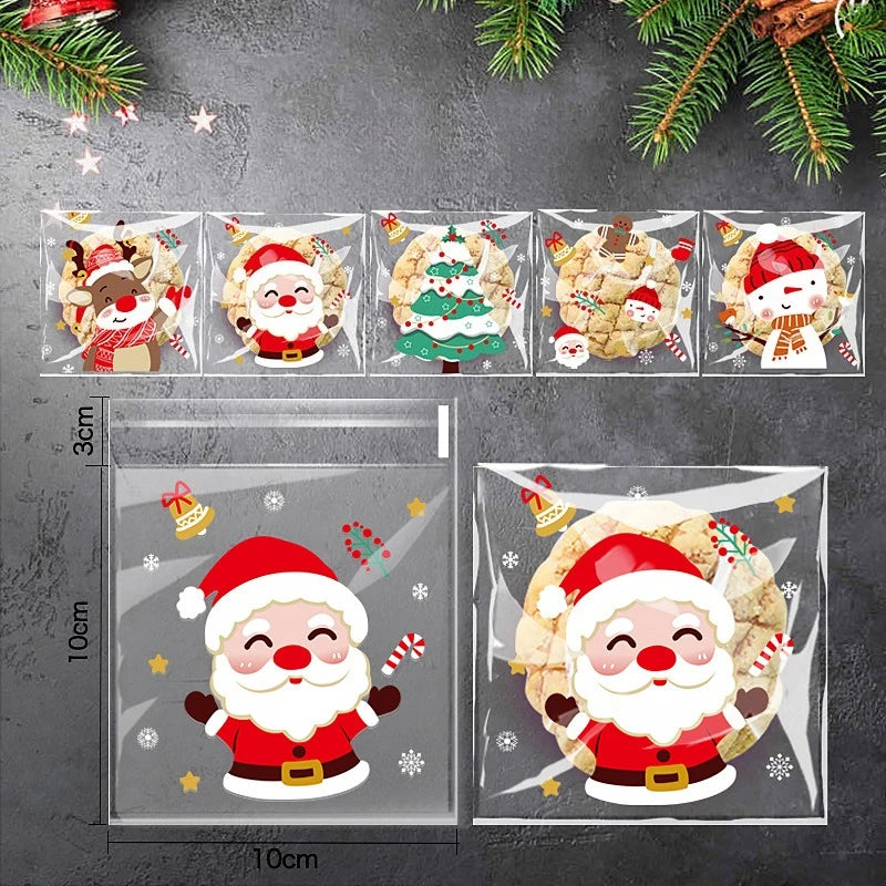 Sacs de Noël 10x10 cm – Lot de 100 sacs auto-adhésifs pour bonbons, biscuits et cadeaux, décorations festives pour la maison et enfants